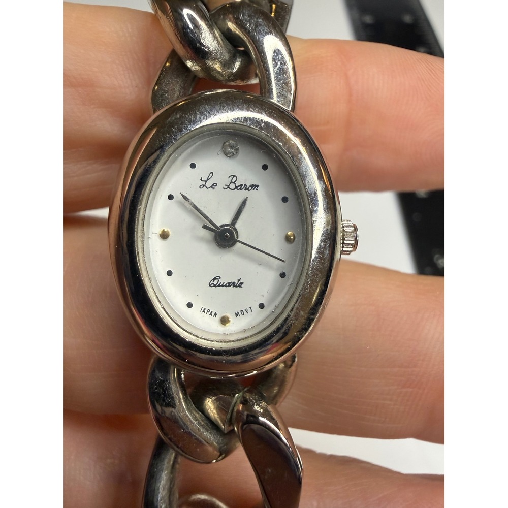 Le Baron Womens Silver Tone Chunky Curb Chain Bracelet Watch Oval Face Crystal